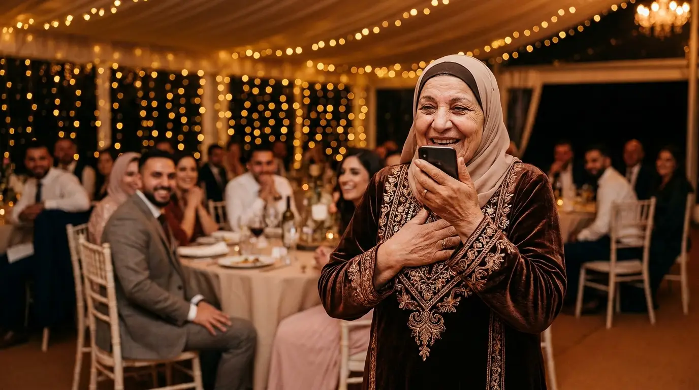 A wedding guest recording a voice greeting