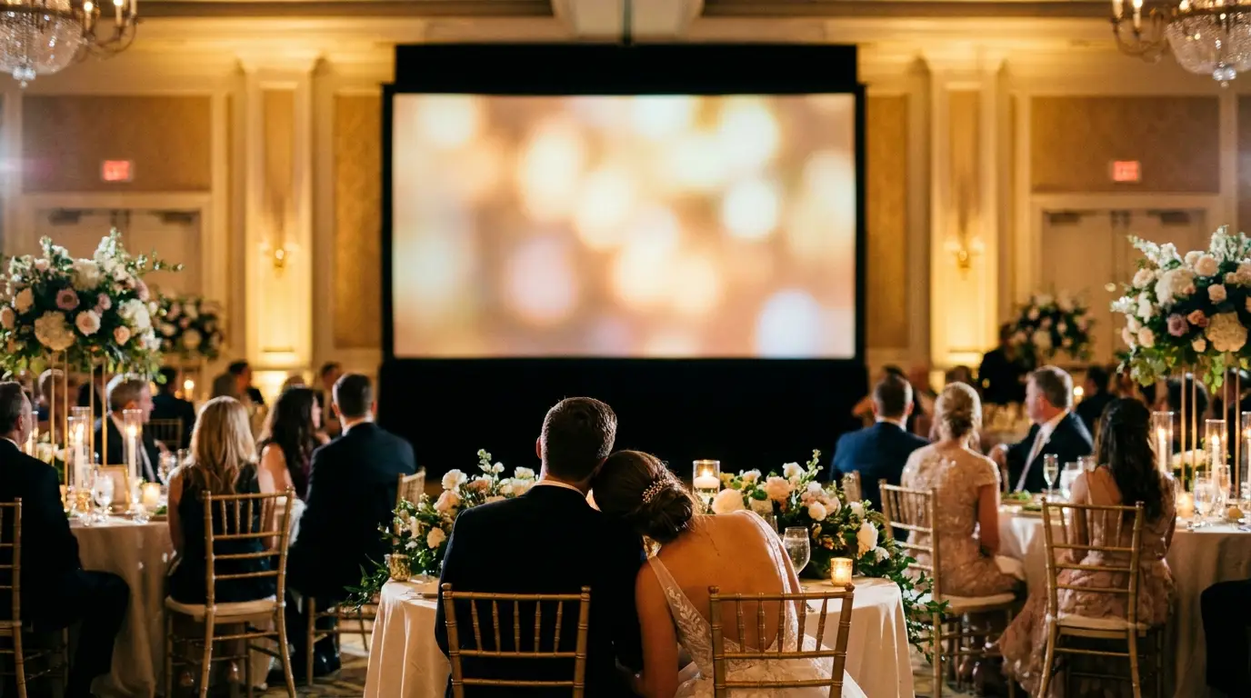 A wedding film playing at a reception